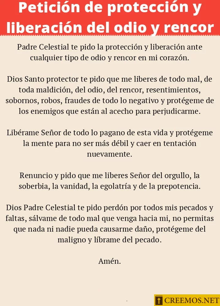 Petición de Protección y liberación del odio y rencor