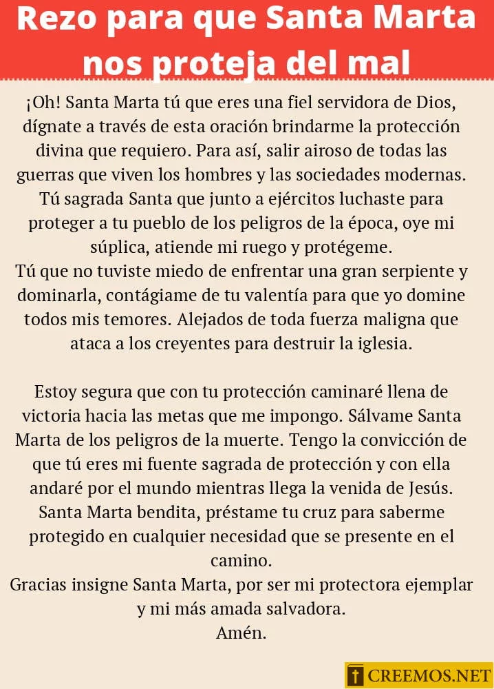 Rezo para que Santa Marta nos proteja del mal